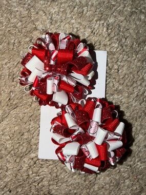 Red & White Ribbon Hair Bows Pair